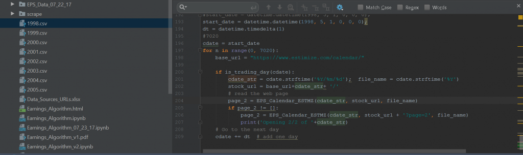 Screenshot showing one of many Python data-mining scripts I used to download earnings calendars. YES, I read and parsed over 20,000 html pages !!